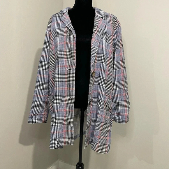 J. Jill Plaid Oversized Longline Cotton Blazer Red, White,‎ and Blue - Picture 3 of 12
